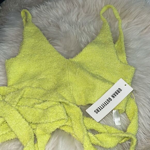 Urban Outfitters Top Womens Medium Fuzzy Knit lounge Lime Green wrap Cropped NWT - Picture 5 of 8
